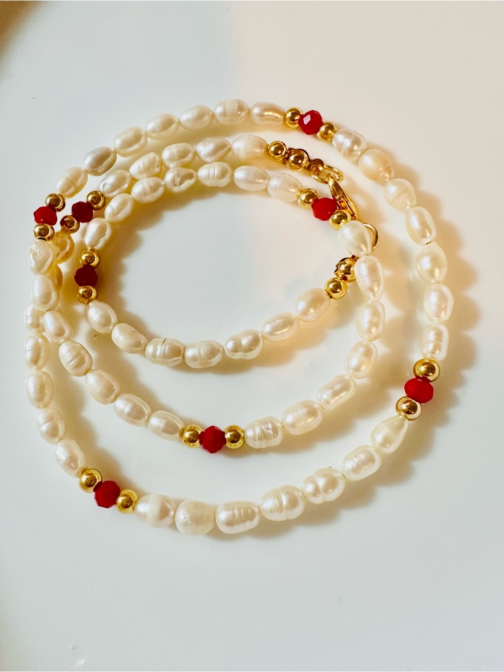 Freshwater Pearl & Red Bead Necklace with Gold Accents